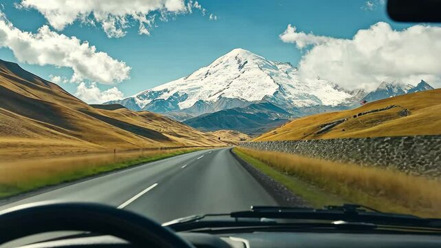 Driving on a winding road with Mount Elbrus in the background on a clear day, Point of View Driving a Car on a Road Mount Elbrus is visible in the background
