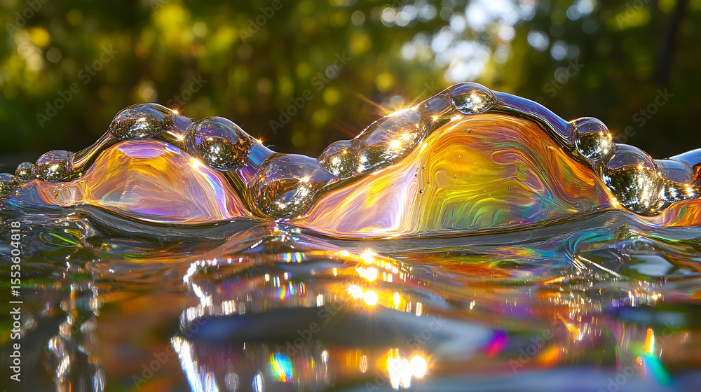 Poster abstract iridescent water surface with bubbles reflecting sunlight, creating vibrant colors and text