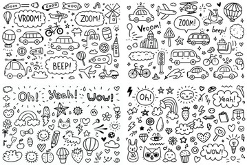 Black and White Doodle Collection of Vehicles, Objects, and Exclamations