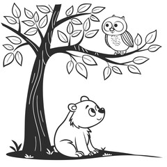 Bear Cub and Owl a small bear cub sitting under a tree with a baby owl perched on a branch above