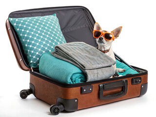 Chihuahua dog with sunglasses in open brown suitcase with pillow and blanket ready for vacation trip