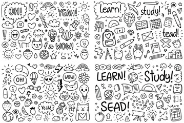 Grouped Doodle Elements with Words Oh Yeah Learn Study Wow