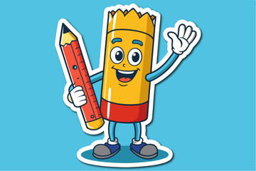 Cartoon Eraser sticker Character with Pencil Waving on Blue Background Illustration