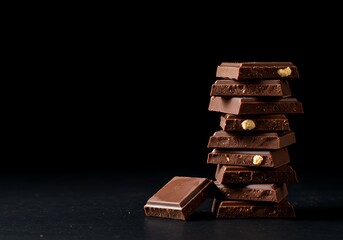 Stacked chocolate bars with nuts on black background  