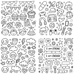 Black and White Doodle Illustrations of Various Objects and Emoticons
