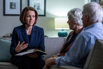 A female lawyer consults with a senior couple in their living room