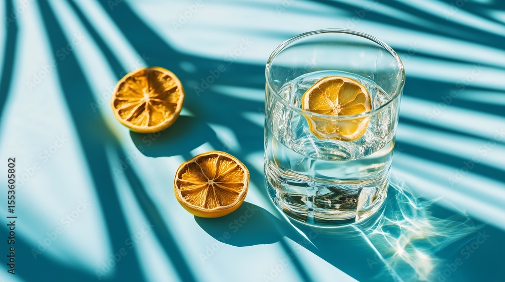 Poster refreshing drink with dried lemon slices under sunlight creating beautiful shadows