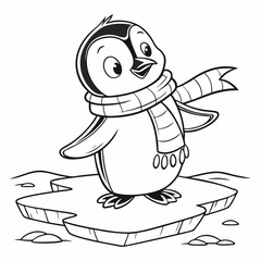 cute baby penguin with a scarf, standing on ice with tiny wings spread