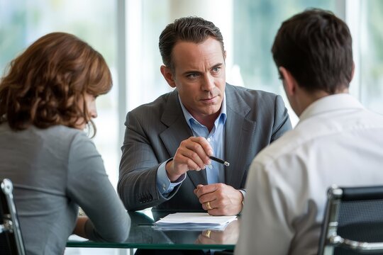 A businessman discusses business with two clients at an office meeting
