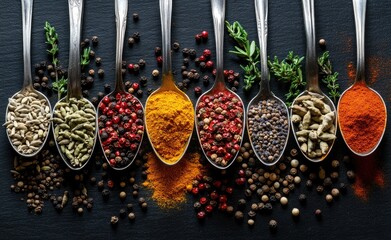 A variety of colorful spices in silver spoons arranged on the right side
