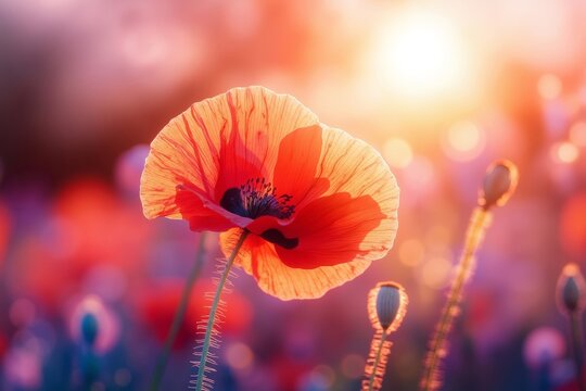 A single red poppy flower in the middle of a field of flowers