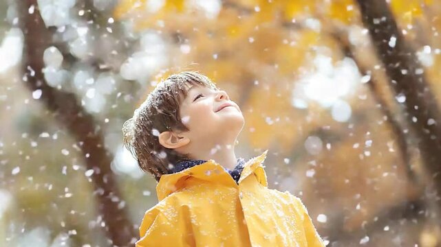 Young child looking upwards during falling precipitation in autumn forest