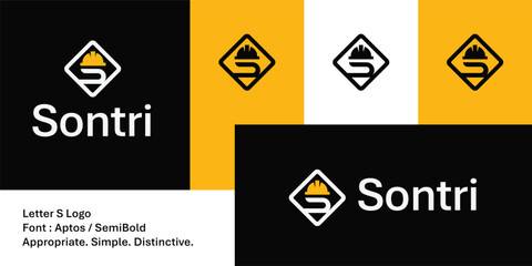 Bold geometric letter S logo with diamond shape and construction hat