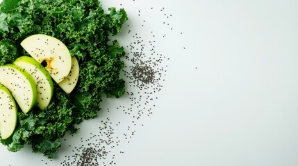 Green Apple, Kale, and Chia Seeds: Slices of a crisp green apple nestled on a bed of vibrant kale, accompanied by a scattering of chia seeds, create a visually appealing and healthy food composition.