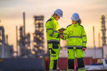 Two industrial workers in high-visibility safety uniforms discuss work plans on-site during golden hour, with a refinery or factory plant blurred in the background.