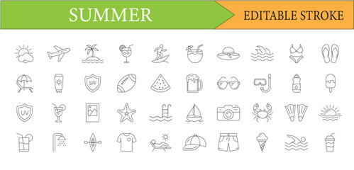 Summer Vacation Icons Collection Editable Stroke Vector Illustration Ideal for Travel Marketing and Design Projects related to the summer season