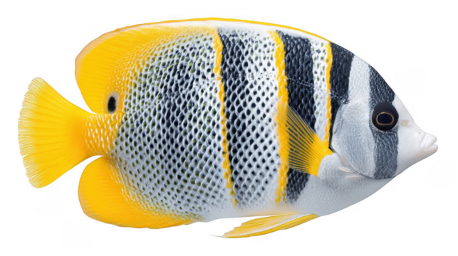This fish displays a striking pattern of yellow and black stripes, moving gracefully through its tropical habitat. Its colors and patterns add to the beauty of the underwater ecosystem.