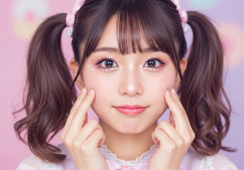 笑顔で両頬を指で押さえる可愛いツインテールの若い女性
