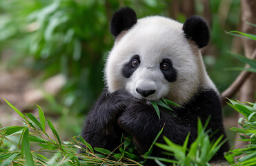 Obraz premium A panda is sitting on the zoo, eating bamboo leaves with its paws in front of it