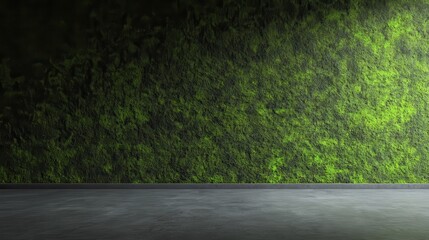 Empty room with a moss wall and a concrete floor.