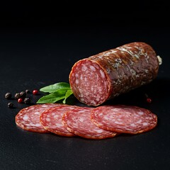 Sliced salami with whole piece and peppercorns on black background  