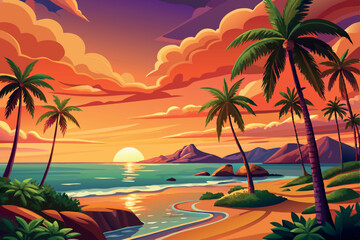 Obraz premium Tropical Sunset Landscape with Palm Trees and Ocean Waves – Coastal Paradise View.