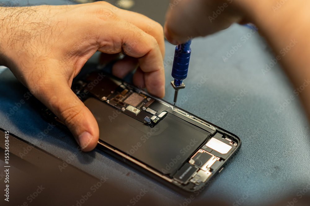 Poster expert phone repair technician working on smartphone internal components at a workshop in the aftern