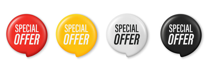 Special offer minimal symbol. 3D glossy sticker badge with offer message. Advertising discounts symbol. Promotion set for clearance sale and advertisement. Trendy and modern vector in 3d style.