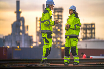 Two engineers in high-visibility suits and helmets review data on a tablet while standing in front of a refinery at sunrise, indicating teamwork and safety in a heavy industry zone.