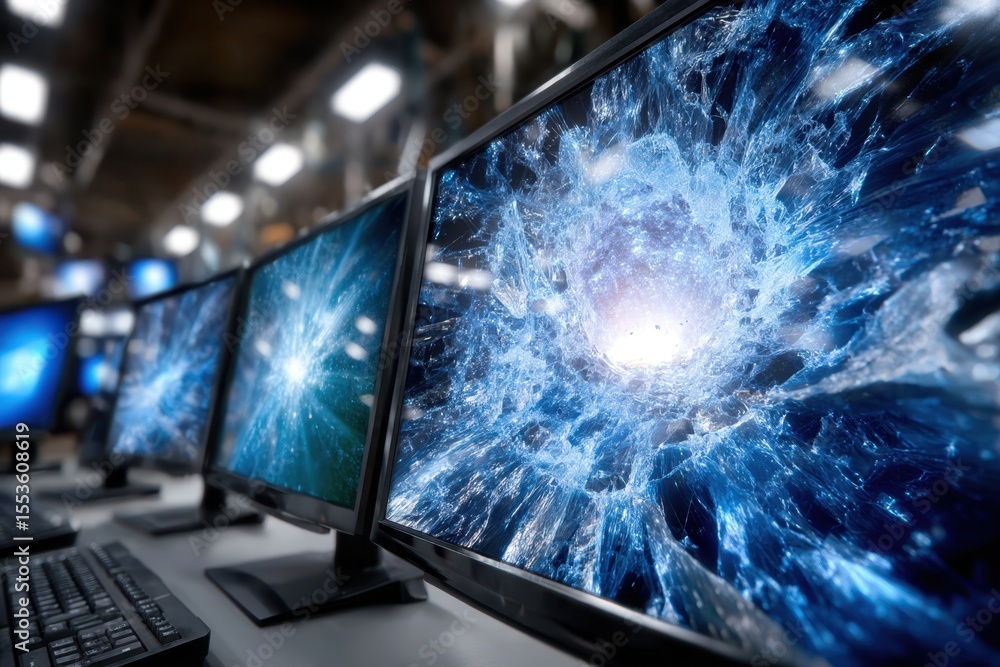 Fototapete multiple computer monitors displaying vibrant abstract graphics in a modern workspace environment