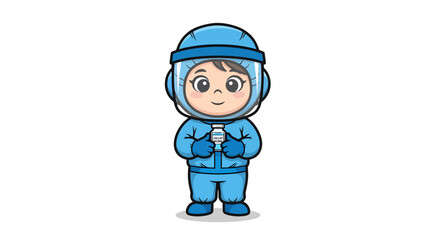 Cartoon girl in blue hazmat suit holding COVID19 vaccine vial.