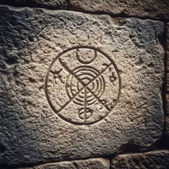 Ancient circular symbol carved on a textured stone wall. Mysterious old rune or artifact engraving on a rock surface. Esoteric background for historical or fantasy concepts.