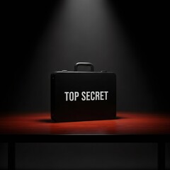 A black briefcase with the words "top secret" sits on a wooden table, illuminated by a spotlight, concept of espionage and classified information.