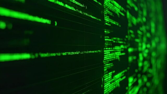 Close Up Of Glowing Green Code On Dark Screen
