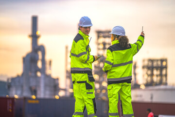 Two engineers in high-visibility suits and helmets review data on a tablet while standing in front of a refinery at sunrise, indicating teamwork and safety in a heavy industry zone.