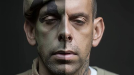 Transformation of identity showcasing the duality of a combat soldier and civilian life in a powerful artistic display