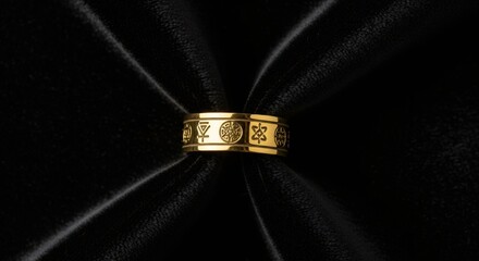 Gold band ring with unique engraved symbols on dark black velvet fabric, elegant and mystical spiritual accessory.