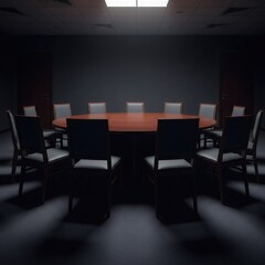 Empty round meeting room table with chairs. Boardroom design for business negotiation, discussion, and corporate strategy. Modern office interior for leadership.
