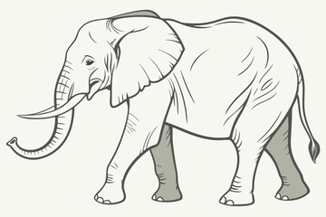 Hand drawn African elephant is walking gracefully, its trunk curved downwards and legs shaded