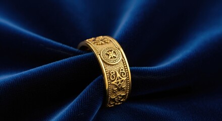 Ornate golden ring with mystical symbols resting on elegant blue velvet fabric. Luxury jewelry and spiritual concept for ceremonial design.