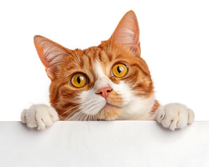 A ginger and white cat peering over a white surface with bright yellow eyes on a white background