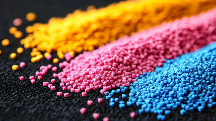 Fototapeta premium Colorful plastic polymer granules in vibrant hues of pink, yellow, and blue, arranged in a visually appealing gradient on a dark background.