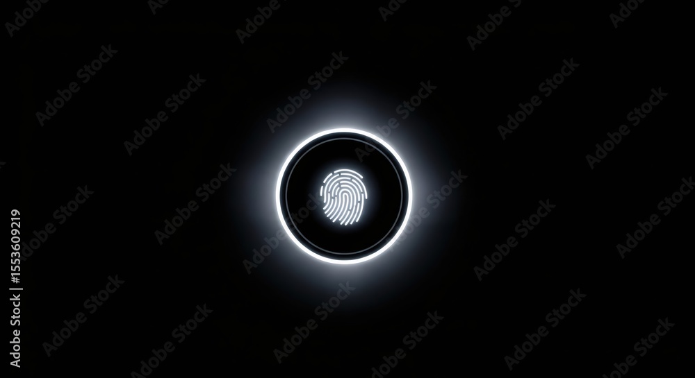 Aufkleber bright white fingerprint icon glowing on a dark background. secure digital identification and biomet