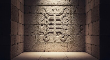 Ancient stone wall with intricate carvings in a dimly lit, enclosed space. Mystic culture and history concept.