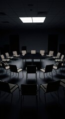 Chairs arranged in a circle with a conference table in a dark room illuminated by a single ceiling light for group therapy and support meeting.