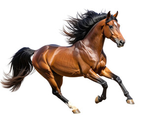  Realistic Brown Horse Galloping in Motion with Flowing Mane, Side View, Isolated on Transparent Background