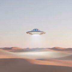 Flying saucer hovering above the desert dunes, a mysterious exploration of an extraterrestrial vehicle over a strange land.