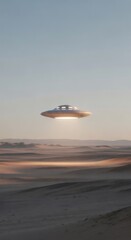 Unidentified flying object hovering over a vast desert landscape. Extraterrestrial presence, science fiction, and mysterious alien encounter concept.