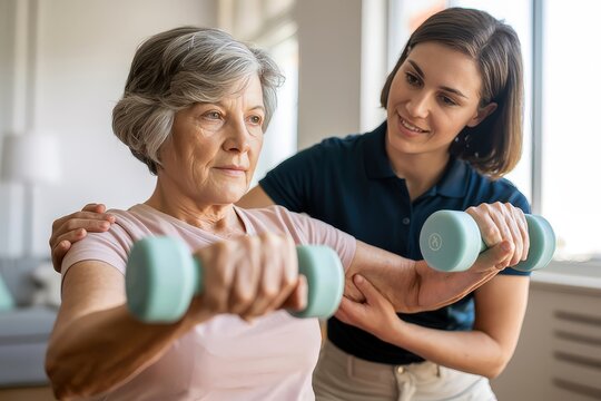 A physical therapist assists an elderly woman with light weight training - Powered by Adobe