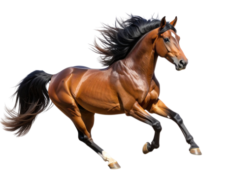  Realistic Brown Horse Galloping in Motion with Flowing Mane, Side View, Isolated on Transparent Background